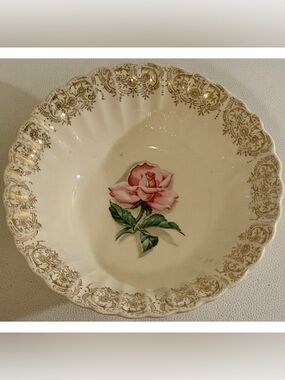 American Limoges Le Fleur Rouge Serving Bowl Pink Rose 22K Gold Vintage Floral